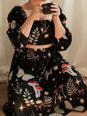 Cora Moon Cottagecore Mushroom Print Crop Top Maxi Skirt Set Plus Size 2XL